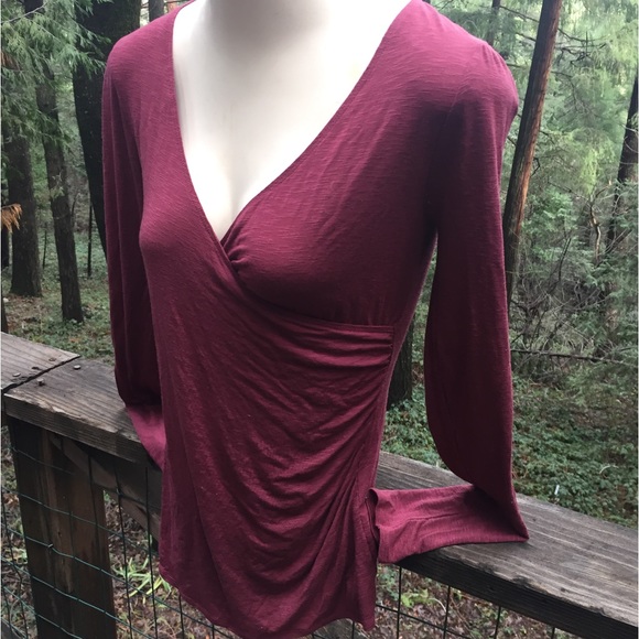 American Rag mock wrap long sleeve T shirt in dusty burgundy blouse,HPx2 - Picture 4 of 9
